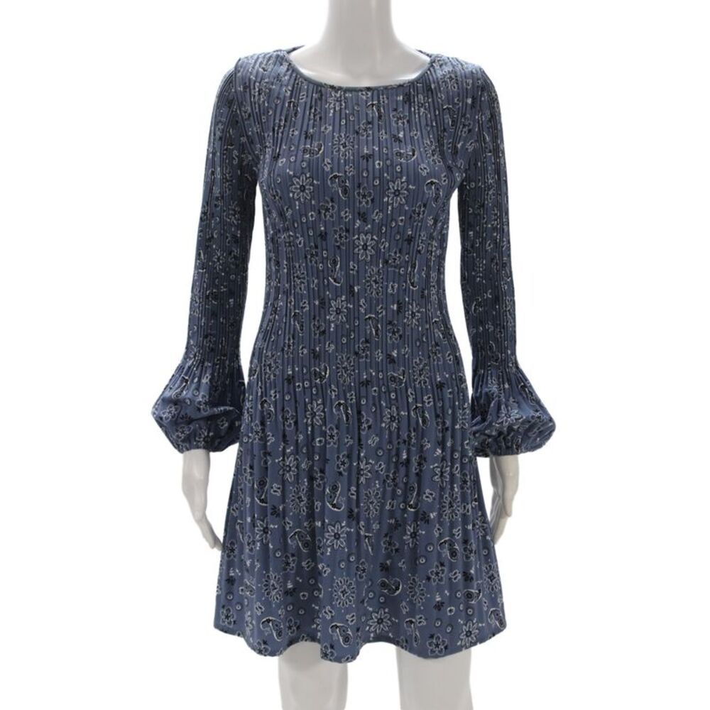 Maje Womens Fit & Flare Mini Dress Blue Floral Long Sleeve Round Neck Size 38